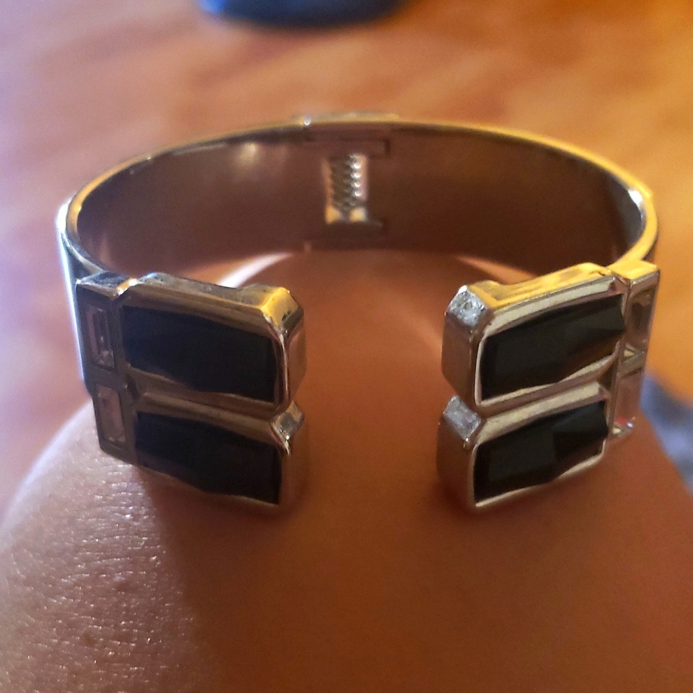 Black Onyx Silver Cuff Bracelet 4 Rhinestone Baguettes Chrome Open Hinge Vintage